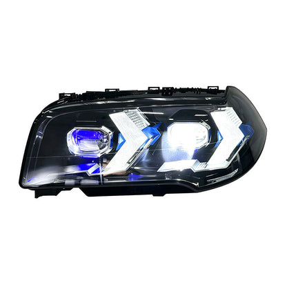 Vekto dual-color laser style LED headlights for BMW X3 E83 2006-2010, showcasing sleek headlight design with bright illumination.