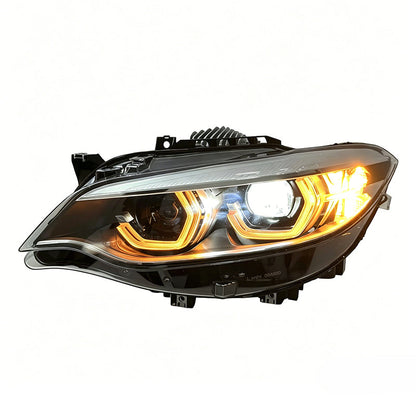 Vekto triple color LED headlights assembly installed in a BMW 2 Series F22 F23 F87, showcasing multi-color LED light design.