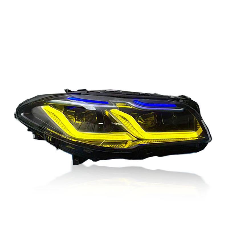 Dual-color LED headlights for BMW F10/F18 5 Series 2010-2017 by Vekto, showing bright, modern headlight design with dual-color LEDs.
