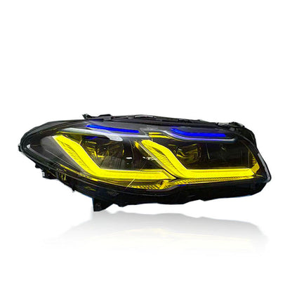 Dual-color LED headlights for BMW F10/F18 5 Series 2010-2017 by Vekto, showing bright, modern headlight design with dual-color LEDs.