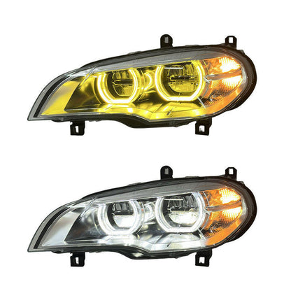 Vekto LED headlights for BMW X5 E70 2008-2013, front view showing bright, modern headlight design with LED bulbs.
