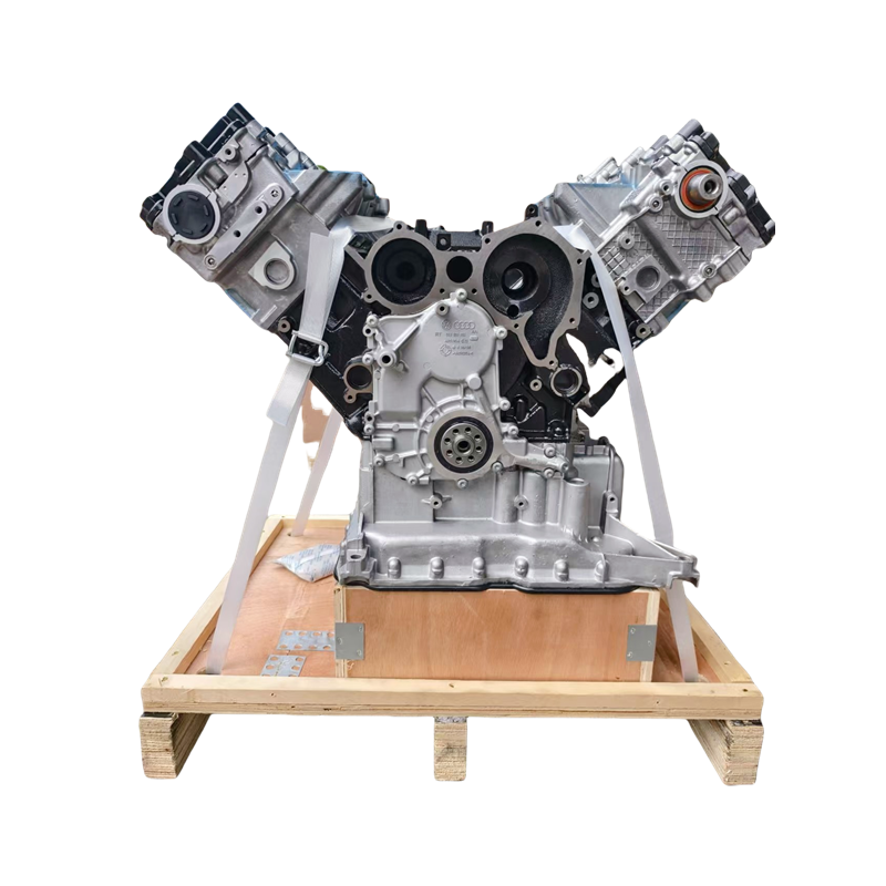 A large V-type engine block assembly shown on a wooden pallet with straps, photographed against a plain white background. 