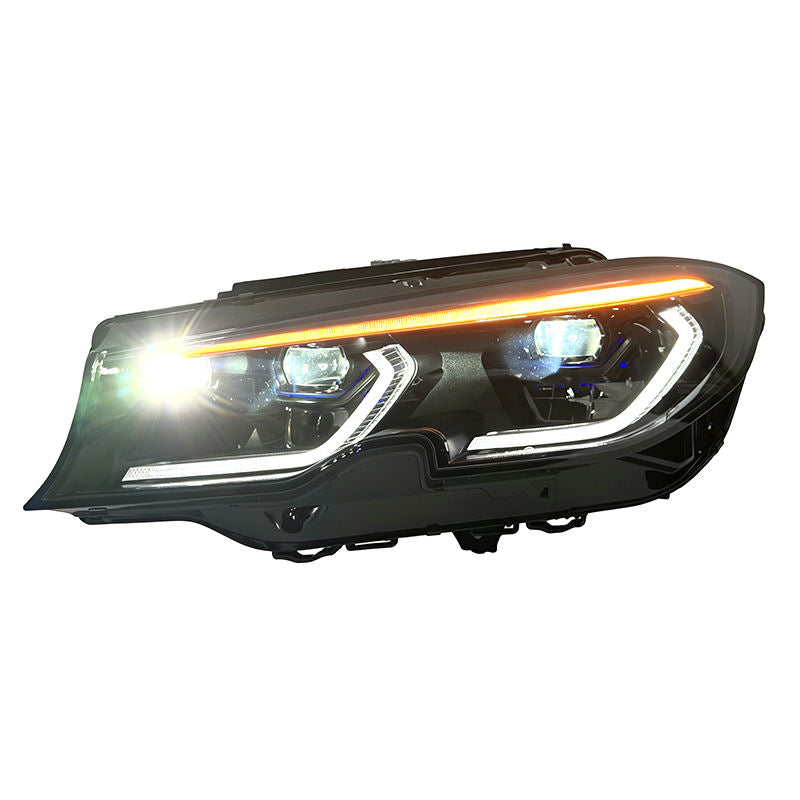Vekto V3 Tri-Color LED headlights installed on a BMW G20 G28 3 Series showcasing vibrant multi-color illumination.