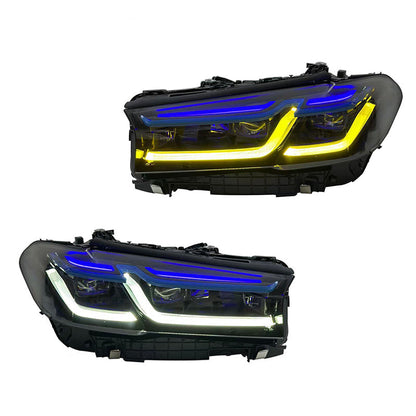 Vekto dual color LED headlights assembly for BMW 5 Series G30 G38 2018-2020, showing the headlight design with dual color LEDs.