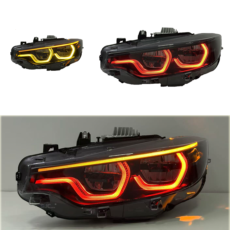 Vekto V3 Smoked IKON Tri-Color LED Headlights for BMW F32, F36, F80, F82 M3, M4 2013-2019, showcasing sleek smoked design