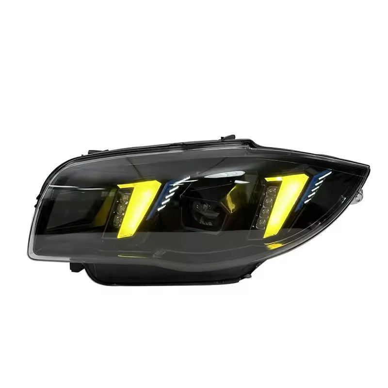 Vekto dual color LED headlights for BMW 1 Series E87 2004-2011, showing close-up of sleek headlight design with dual color LEDs.