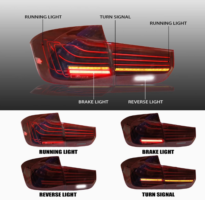Vekto CSL style LED tail lights for BMW 3 Series F30/F35 2012-2018, showing sleek taillight design with LED elements.