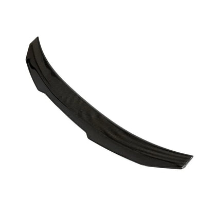 Dry carbon fiber PS style rear trunk spoiler for BMW G82 G83 M4 and G22 430i by K2 Industries, shown on vehicle.