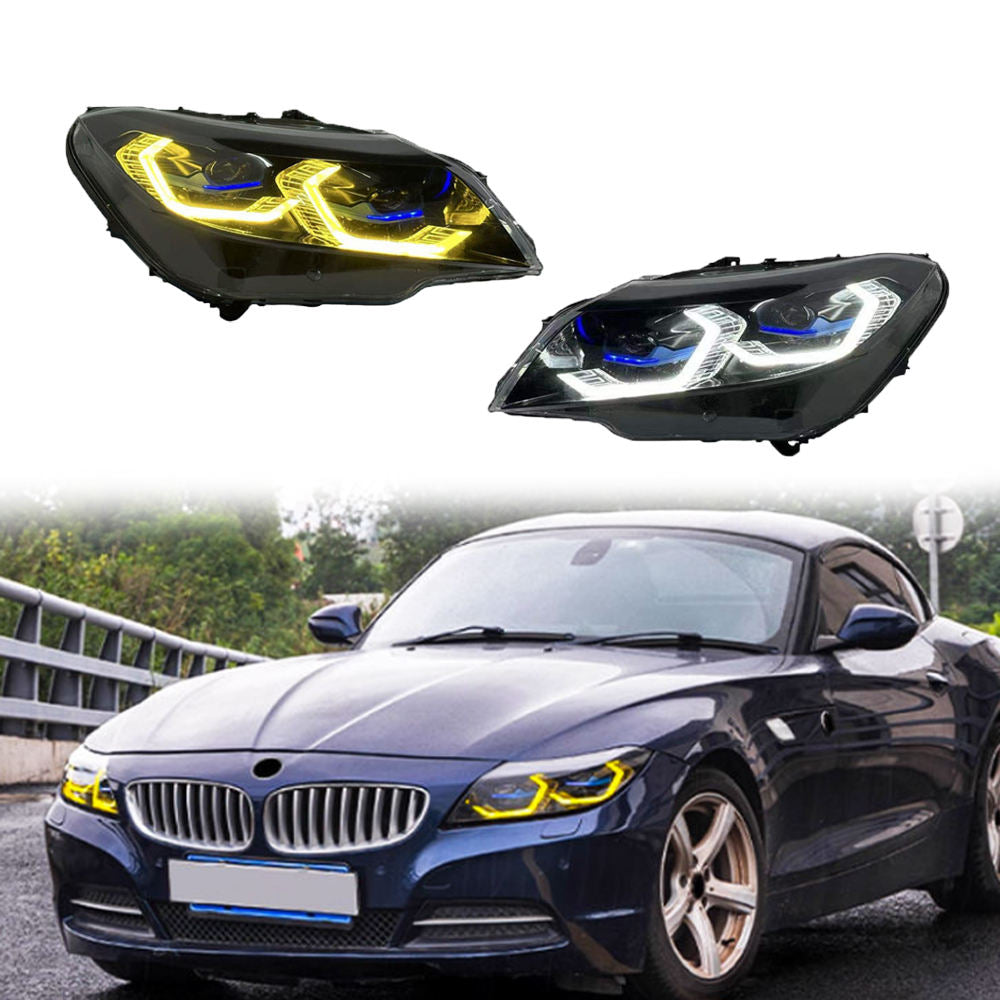 Vekto IKON Style dual-color LED headlights for BMW Z4 E89 2009-2016, showing close-up of sleek headlight design and dual-color LEDs.