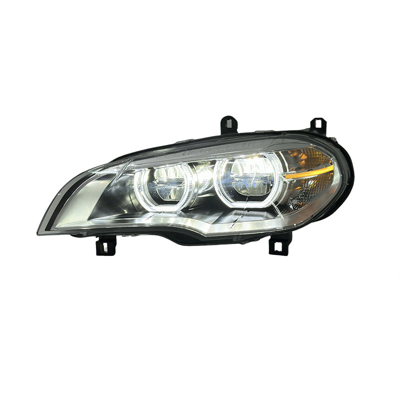Vekto Angel Eyes dual color LED headlights assembly for BMW X5 E70 2008-2013, featuring sleek LED ring design and clear lens.