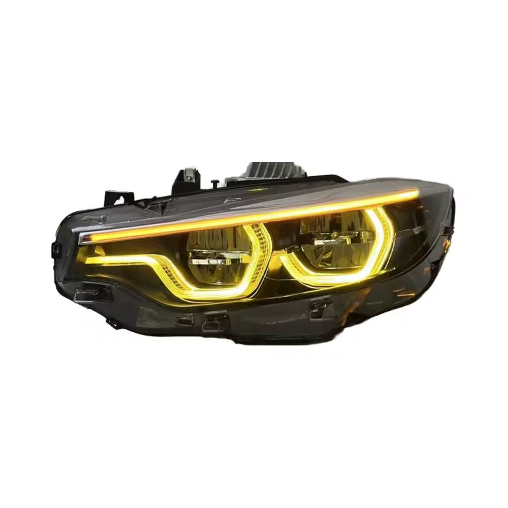 Vekto V2 IKON LED headlights with color switching for BMW 4 Series F32/F36 and M4 F82, showing dual-color lighting and sleek design.