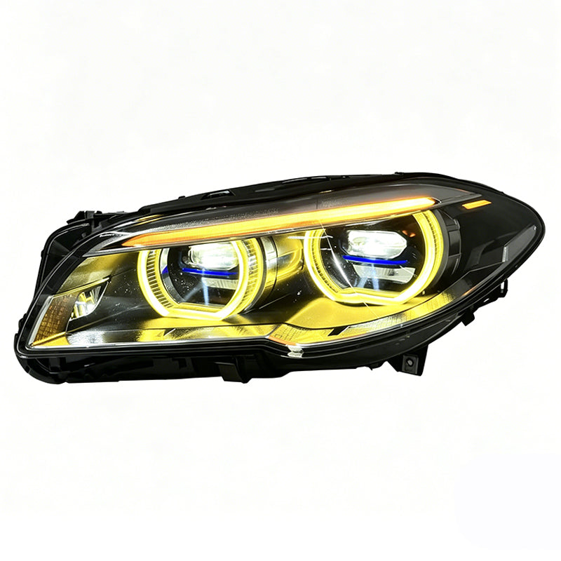 Vekto Angel Eye Laser dual lens bi-color LED headlights for BMW 5 Series F10/F18 and M5 2010-2017, showing illuminated headlights.