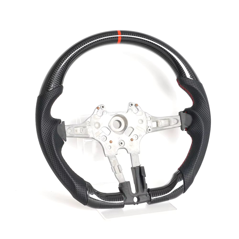 Vekto real carbon fiber BMW F-Series steering wheel with tri-color or red stripe details, designed for 1, 2, 3, 4, X1, X3, X6, and M2 models.
