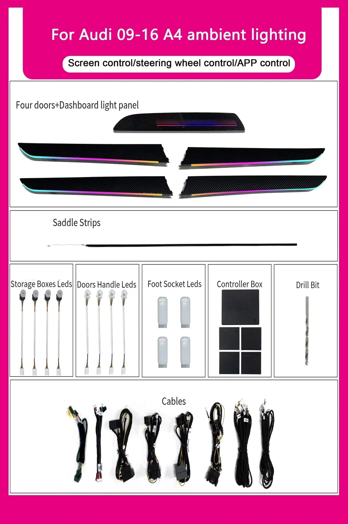Audi A4 B8 Interior 64-Color Symphony LED Ambient Light Kit 2009 - 2016 - AudiGear.com - Interior Lighting