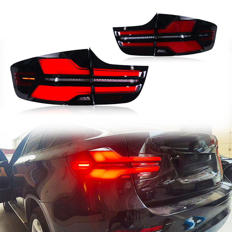 Vekto LED taillights for BMW X6 E71 2008-2014, showing sleek red and clear tail light assemblies with integrated LED bulbs.