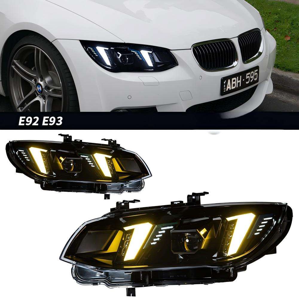 Vekto Snake Eye LED Headlights for BMW E92/E93 LCI 2010-2013, showing the sleek LED design and headlight assembly on a vehicle.