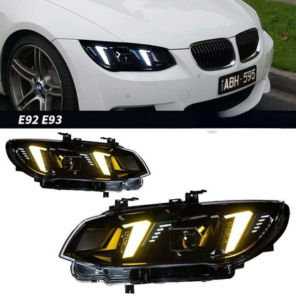 Vekto Snake Eye LED Headlights for BMW E92/E93 LCI 2010-2013, showing the sleek LED design and headlight assembly on a vehicle.