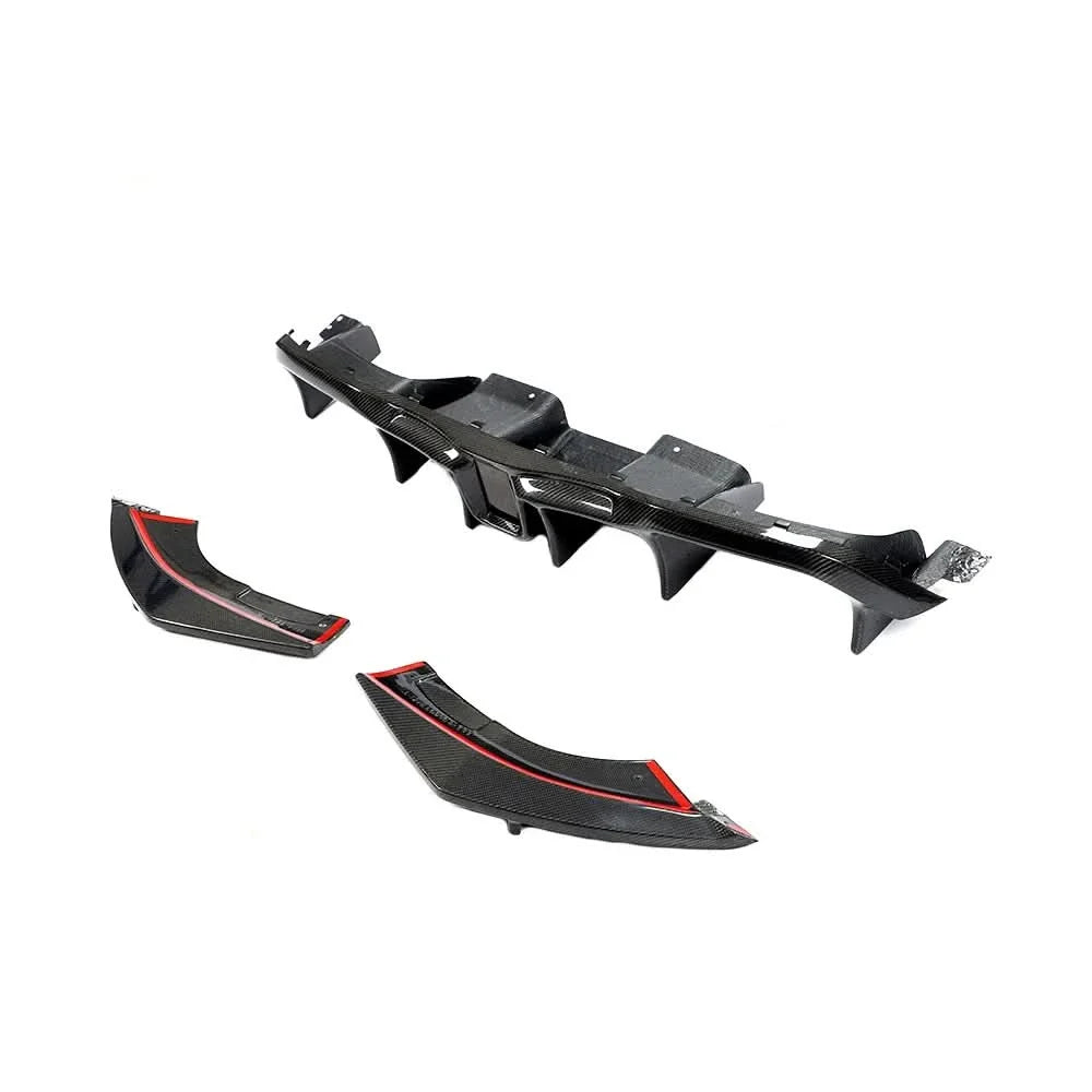 Gloss carbon fiber rear diffuser for BMW M2 F87 and M2 Competition, showcasing sleek aerodynamic design and textured finish.