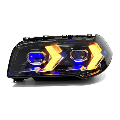 Vekto dual-color laser style LED headlights for BMW X3 E83 2006-2010, showing sleek headlight design with bright LED lighting