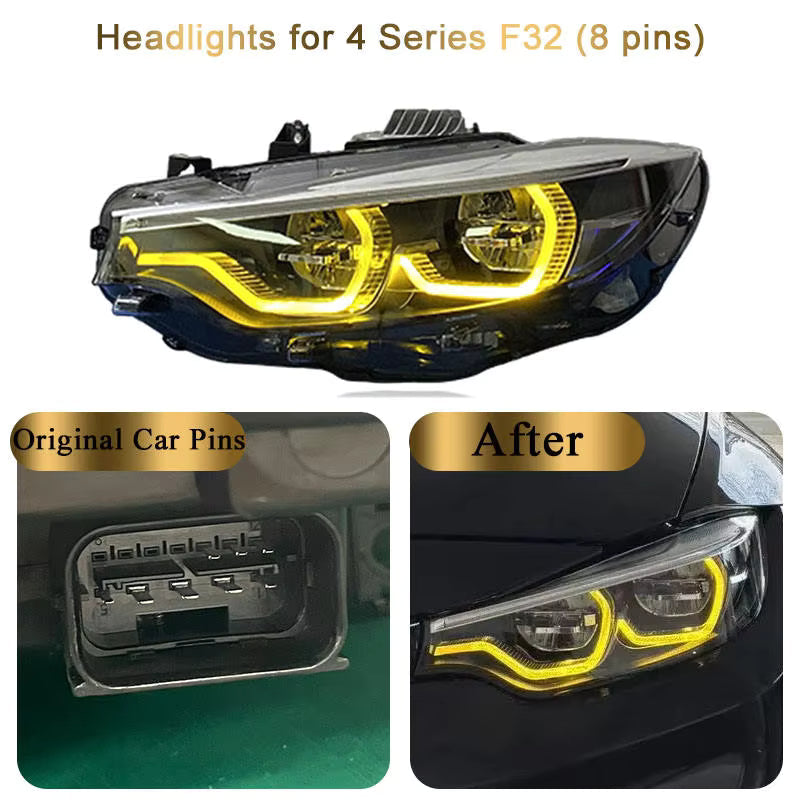 Vekto V2 IKON dual-color LED headlights for BMW F32, F36, F80, F82 models, showing bright LED light beams and sleek headlight design.