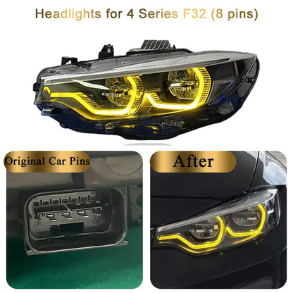 Vekto V2 IKON dual-color LED headlights for BMW F32, F36, F80, F82 models, showing bright LED light beams and sleek headlight design.