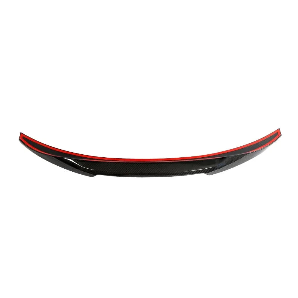 Dry carbon fiber M4-style rear trunk spoiler on a BMW F30/F35 3 Series or F80 M3, showcasing sleek aerodynamic design.