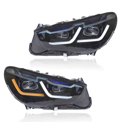 Vekto LED headlights assembly for BMW 5 Series F07 GT (2010–2017), close-up of the modern headlight units with LED bulbs.