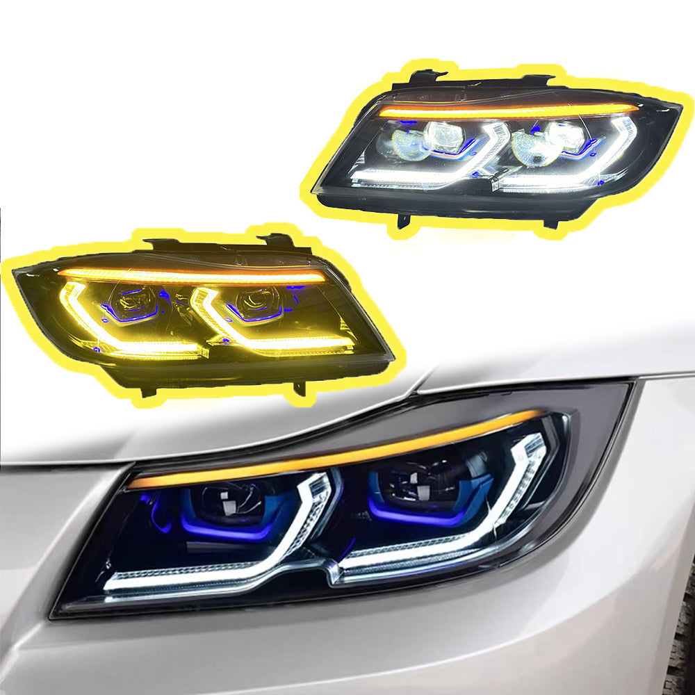 Vekto dual-color LED headlights for BMW 3 Series E90/E91 2005-2012, showing bright LED light and headlight design.