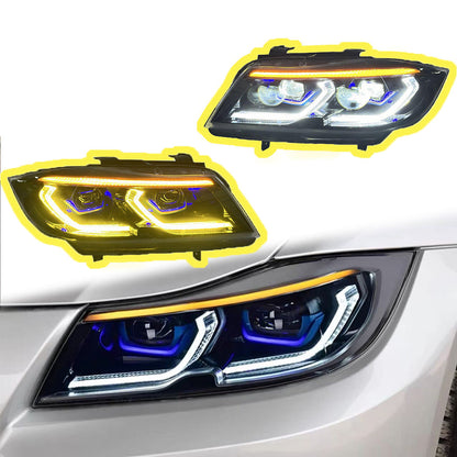 Vekto dual-color LED headlights for BMW 3 Series E90/E91 2005-2012, showing bright LED light and headlight design.