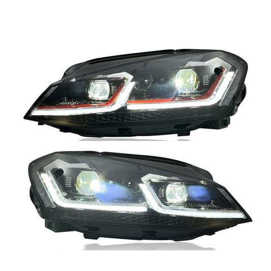 Vekto LED headlights for Volkswagen Golf Mk7 and Mk7.5, showing sleek design and bright light output on the road.
