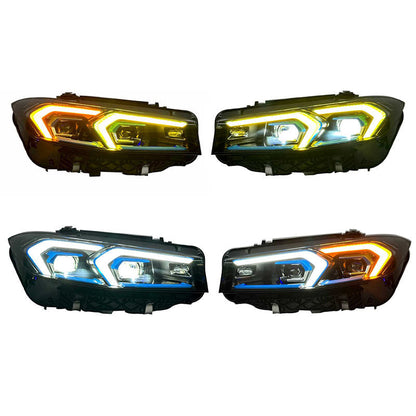 Vekto BMW G20 G80 LED laser headlights with DRL in yellow and white for 2023–2025 models, showcasing their sleek design and lighting features.