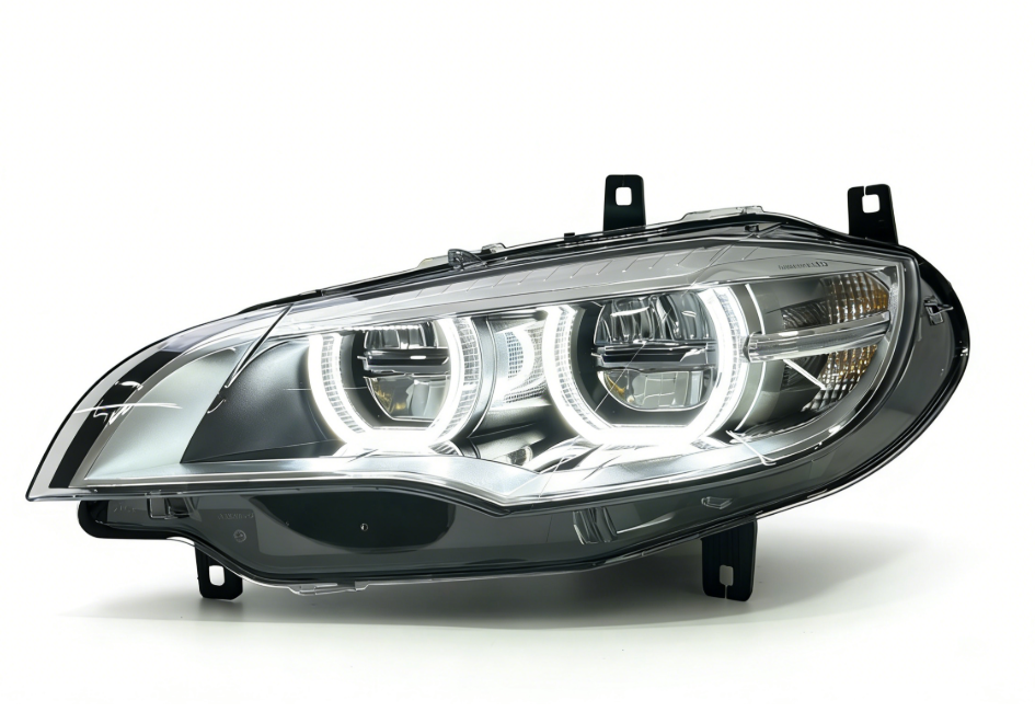 Vekto dual-color angel eye LED headlights for BMW X6 E71 2008-2014, showcasing bright circular angel eye rings and headlight design.