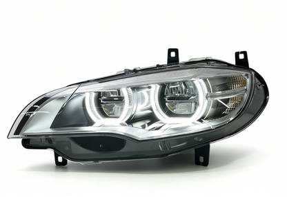 Vekto dual-color angel eye LED headlights for BMW X6 E71 2008-2014, showcasing bright circular angel eye rings and headlight design.
