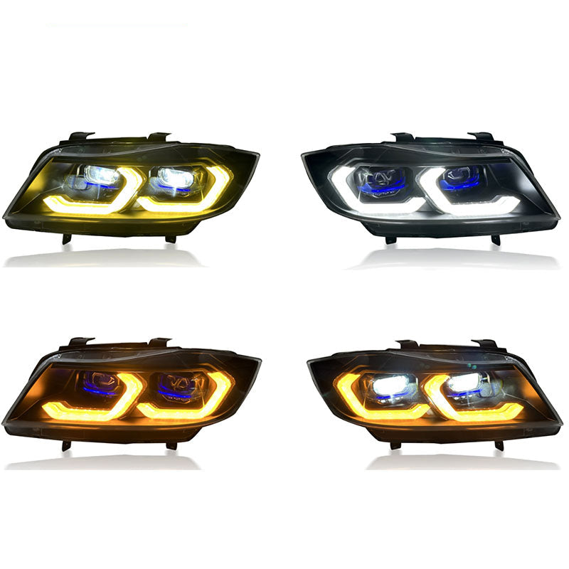 Vekto dual color LED laser headlights assembly for BMW 3 Series E90 2005-2012, showing the headlight design and LED features.