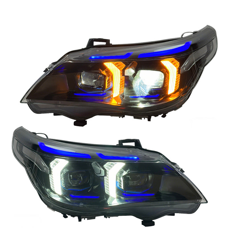 Vekto Snake Eyes LED headlights assembly for BMW 5 Series E60, front view showing sleek design and LED detailing.