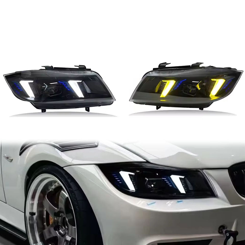 Vekto Snake Eyes LED headlights for BMW E90 2005-2012, close-up of modern, sleek headlight design with bright LED elements