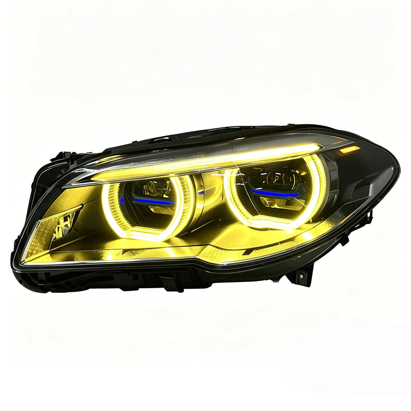 Vekto Angel Eye Laser Dual Lens Bi-Color LED Headlights for BMW 5 Series F10/F18 and M5 2010-2017, showing illuminated headlights.