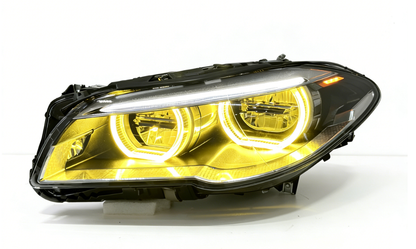 Vekto dual color angel eyes LED headlights assembly for BMW 5 Series F10 F18 2010-2013, showing the headlight design and LED rings.