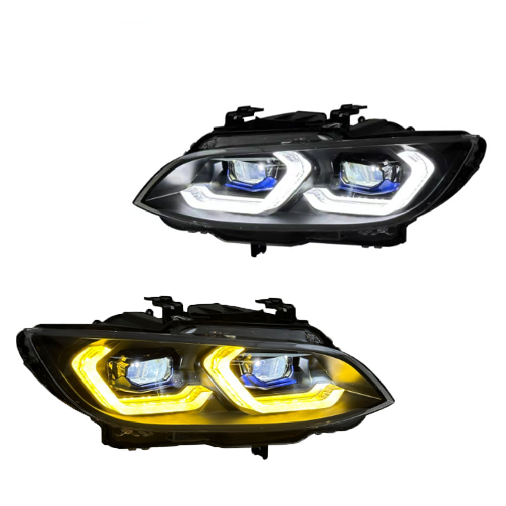 Vekto dual color LED headlights assembly for BMW M3 E92 2006-2009, front view showing sleek design and dual color LEDs