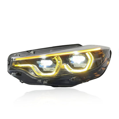 Vekto V3 IKON tri-color LED headlights for BMW F32, F36, F80, F82 M3 M4 models, 2014-2020, showing illuminated LED headlight units.