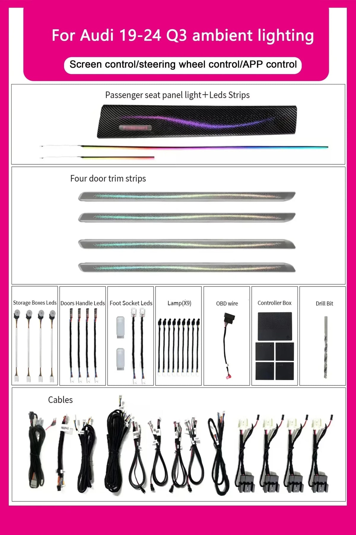 Audi Q3 Interior 64-Color Dynamic LED Ambient Light Kit 2019 - 2024 - AudiGear.com - Interior Lighting