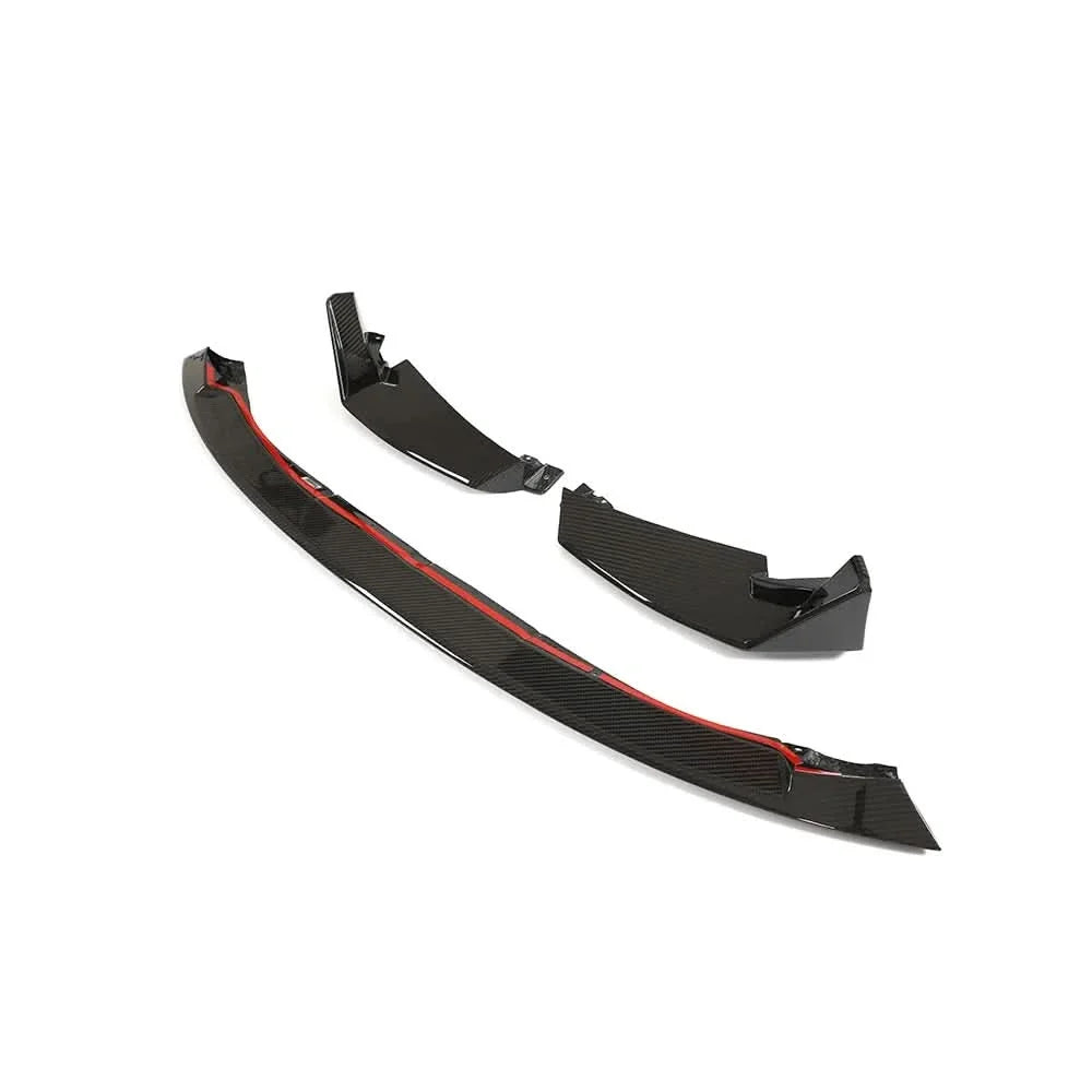 BMW G80 M3 and G82/G83 M4 dry carbon fiber CSL style front splitter 3-piece kit by K2 Industries, showing aerodynamic lips and splitter components.