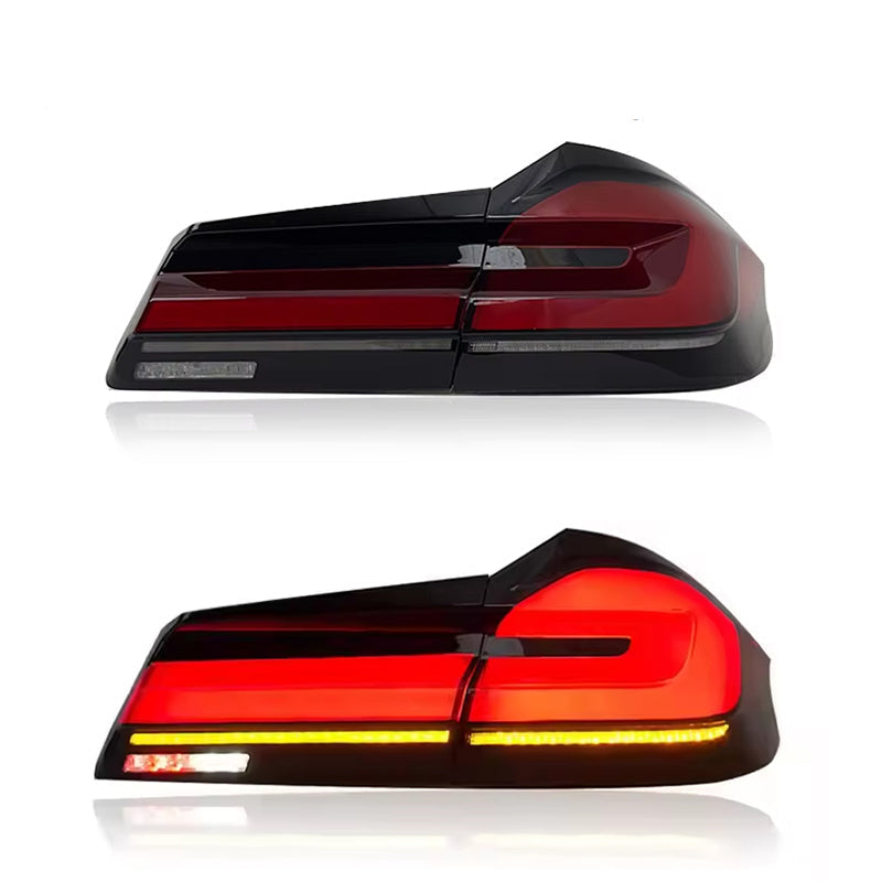 Full LED BMW 5 Series G30 G38 F90 tail lights by Vekto, showcasing sleek, bright red and clear lens design for 2018-2023 models.