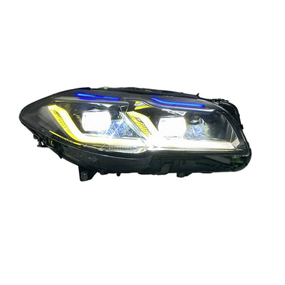 Vekto dual color LED headlights assembly for BMW 5 Series F10/F18 showing bright LED headlight units with dual color lighting.