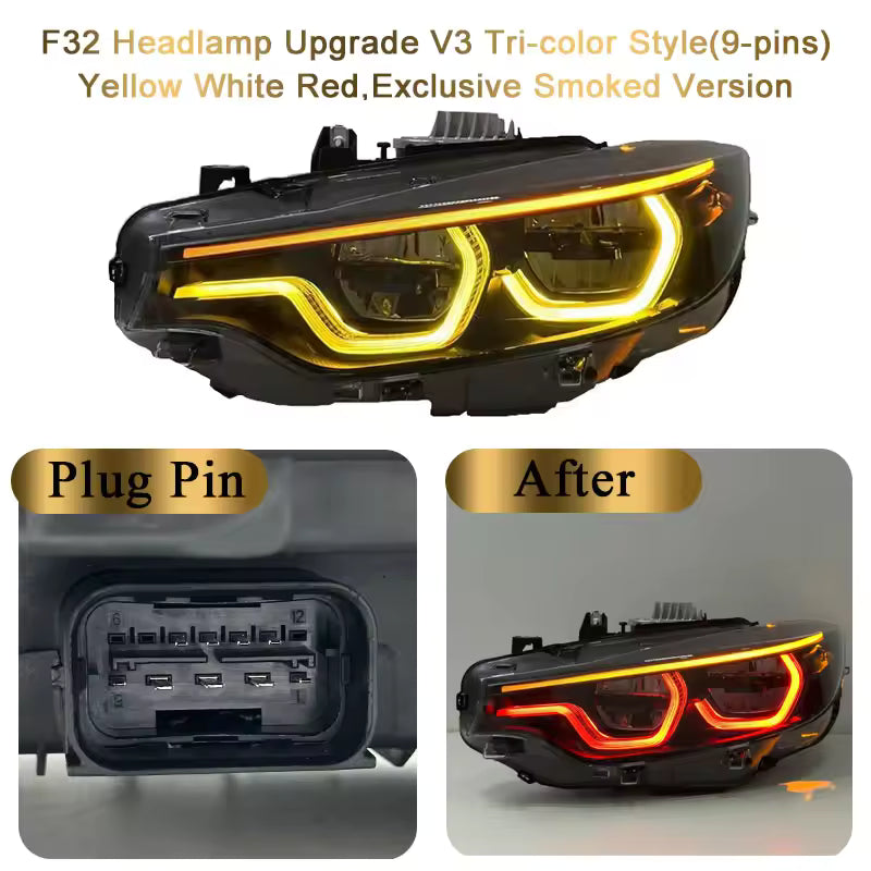 Vekto V3 Smoked IKON Tri-Color LED headlights for BMW F32 F36 F80 F82 M3 M4 2013-2019, showing sleek smoked design with LED accents.
