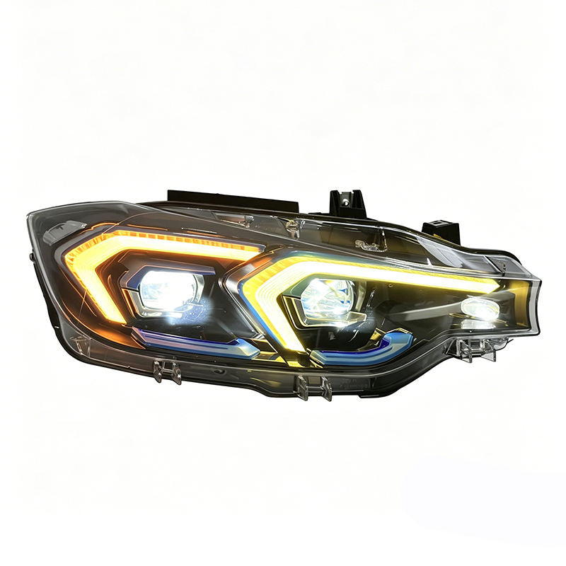 Vekto V2 dual-color LED headlights for BMW F30/F31/F35 3 Series 2012-2018, showing bright LED light and headlight design.
