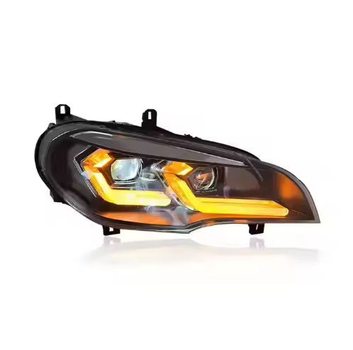 Vekto laser style LED headlights for BMW X5 E70 2007-2013, front view showing sleek design and advanced lighting elements.