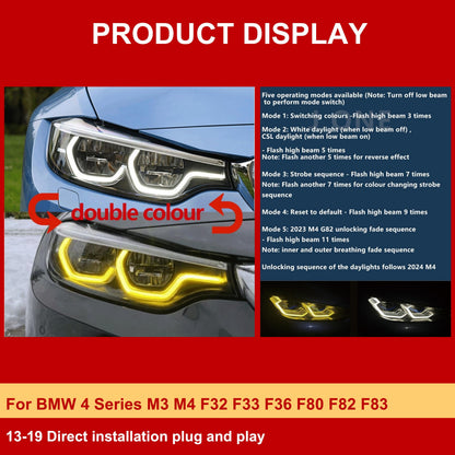 Vekto dual-color CSL LED DRL modules for BMW F32/F33/F36/F80/F82/F83 headlights, showcasing bright LED daytime running lights.