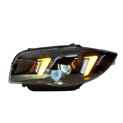 Vekto dual color LED headlights for BMW 1 Series E87 2004-2011, showing close-up of the modern lighting design and LED elements.