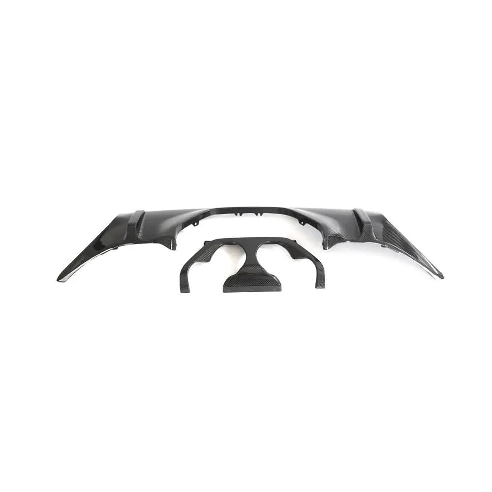 Carbon fiber rear diffuser for BMW M2 G87 coupe, K2 Industries, showcasing sleek aerodynamic design and high-quality material.